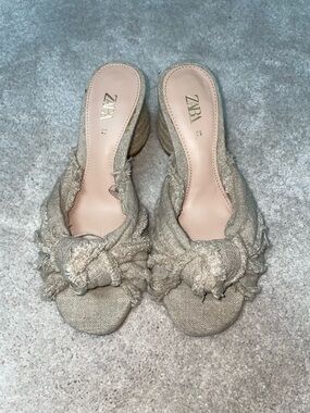 ZARA Natural Beige Knotted Linen Slide Mules